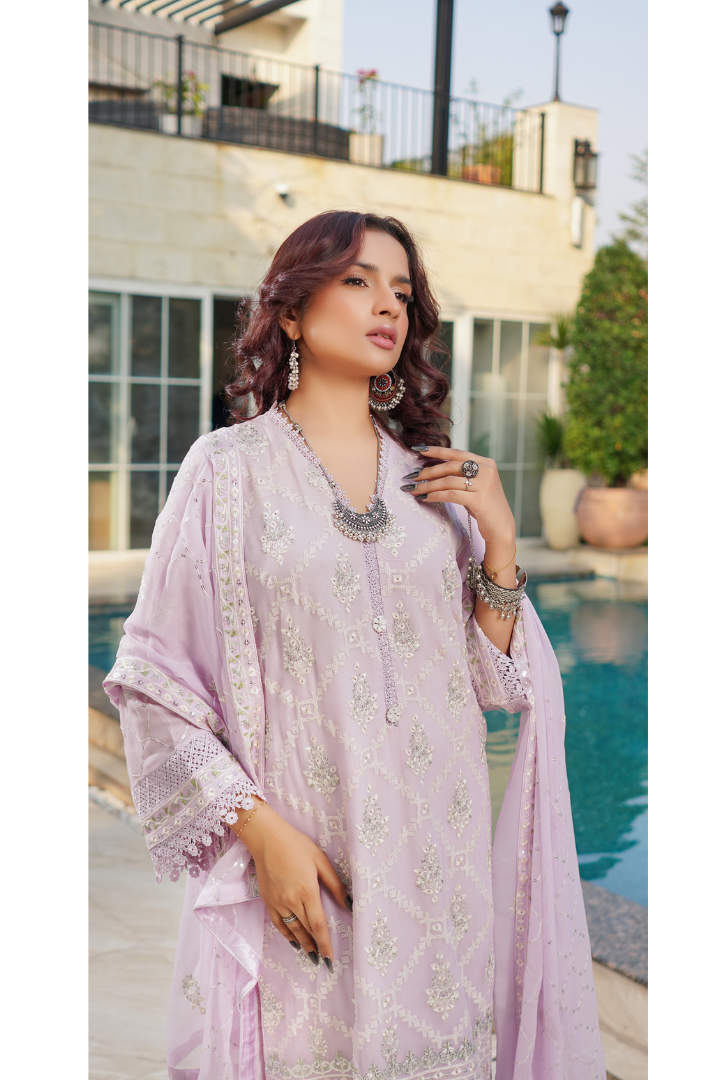 Aghanoor Dhaagakari Chiffon 3PCS Ready to Wear Collection | Lavender