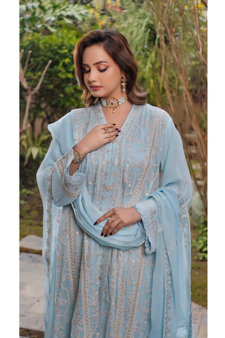 Aghanoor Afsanaay Chiffon Gown 3PCS Ready to Wear Collection | Sky Blue