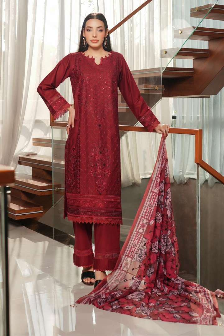Shaanse Pehlinazar Cotton 3PCS Ready to Wear Collection | Maroon