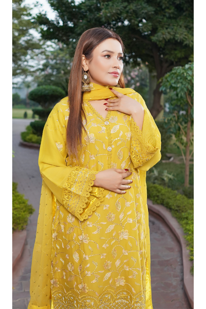 Aghanoor Dhaagakari Chiffon 3PCS Ready to Wear Collection | Yellow - Mirha Fashion