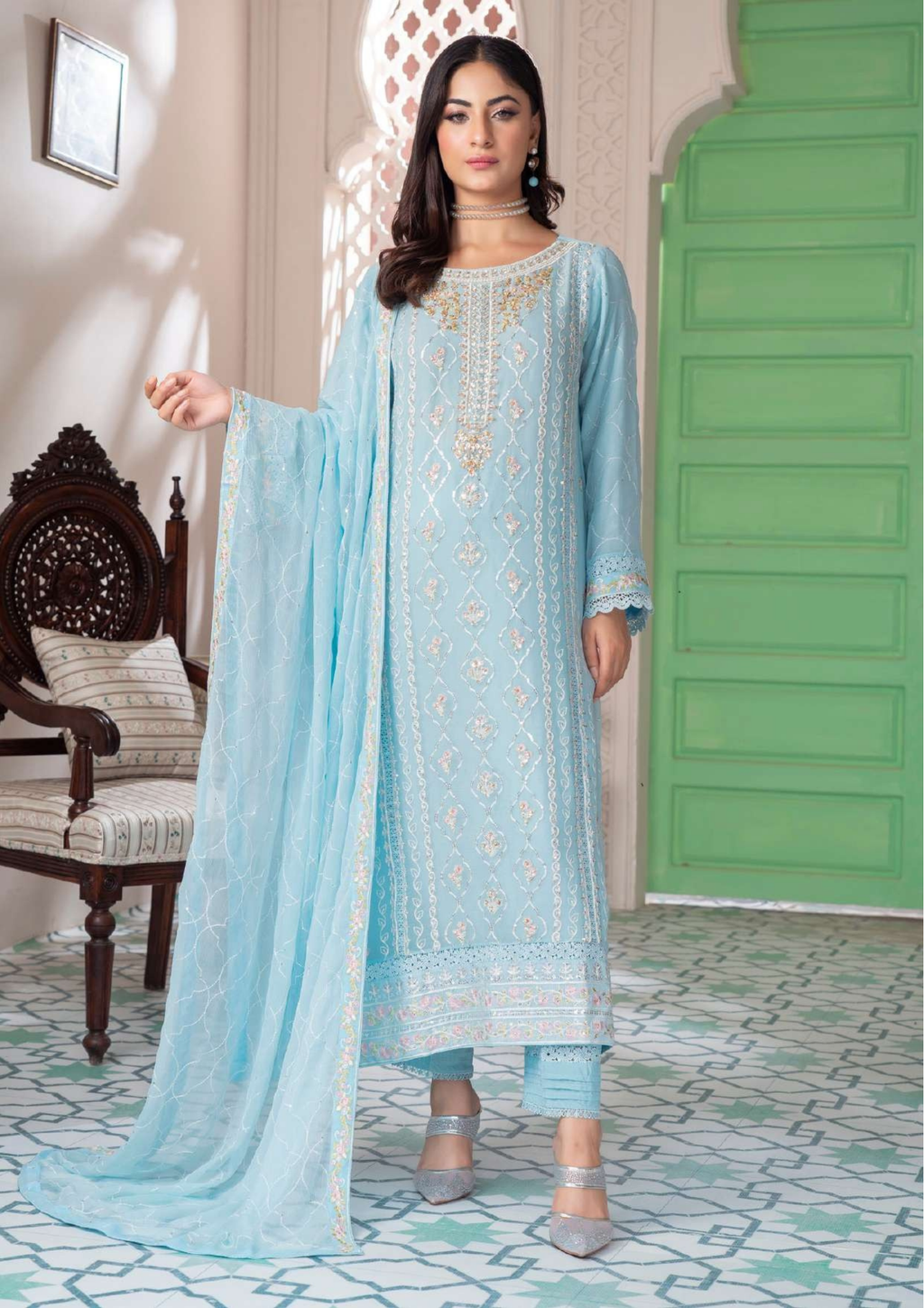 Agha Noor Shehnai Chiffon Ready to Wear Handwork Collection 25 | Sky Blue - Mirha Fashion
