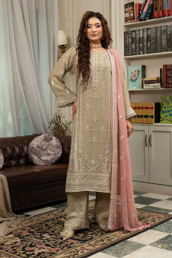 Agha Noor Qurbat Chiffon Handwork Ready to Wear Collection 2026 | Beige - Mirha Fashion