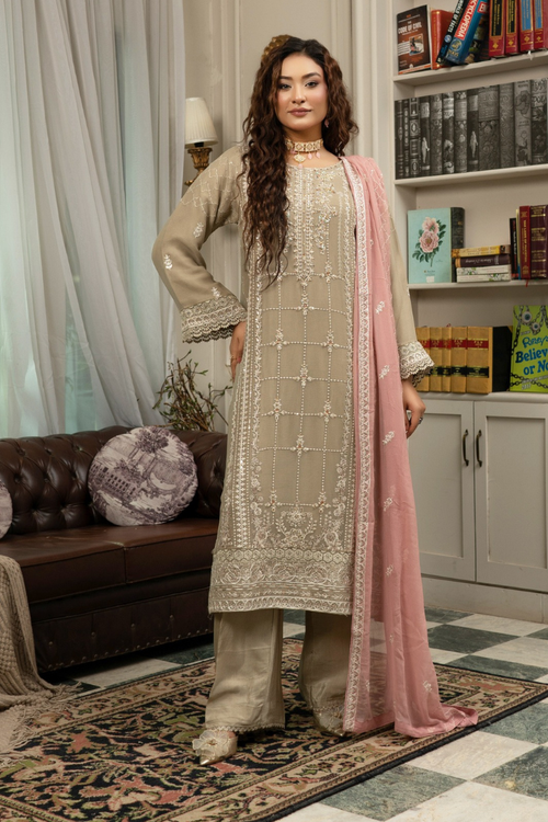 Agha Noor Qurbat Chiffon Handwork Ready to Wear Collection 2026 | Beige - Mirha Fashion
