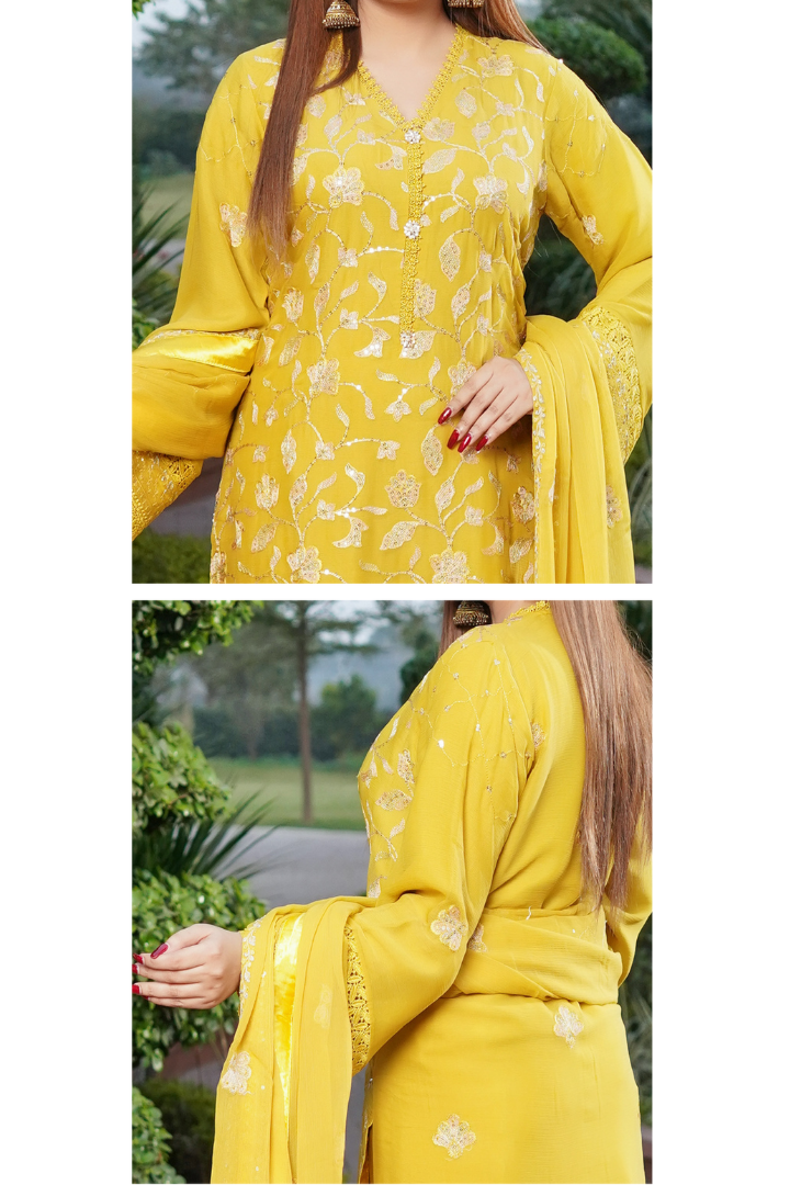 Aghanoor Dhaagakari Chiffon 3PCS Ready to Wear Collection | Yellow - Mirha Fashion