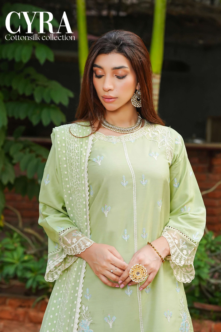 Shaanse Cyra Cotton Silk 3PCS Ready to Wear Collection Dec-2025 | Light Green