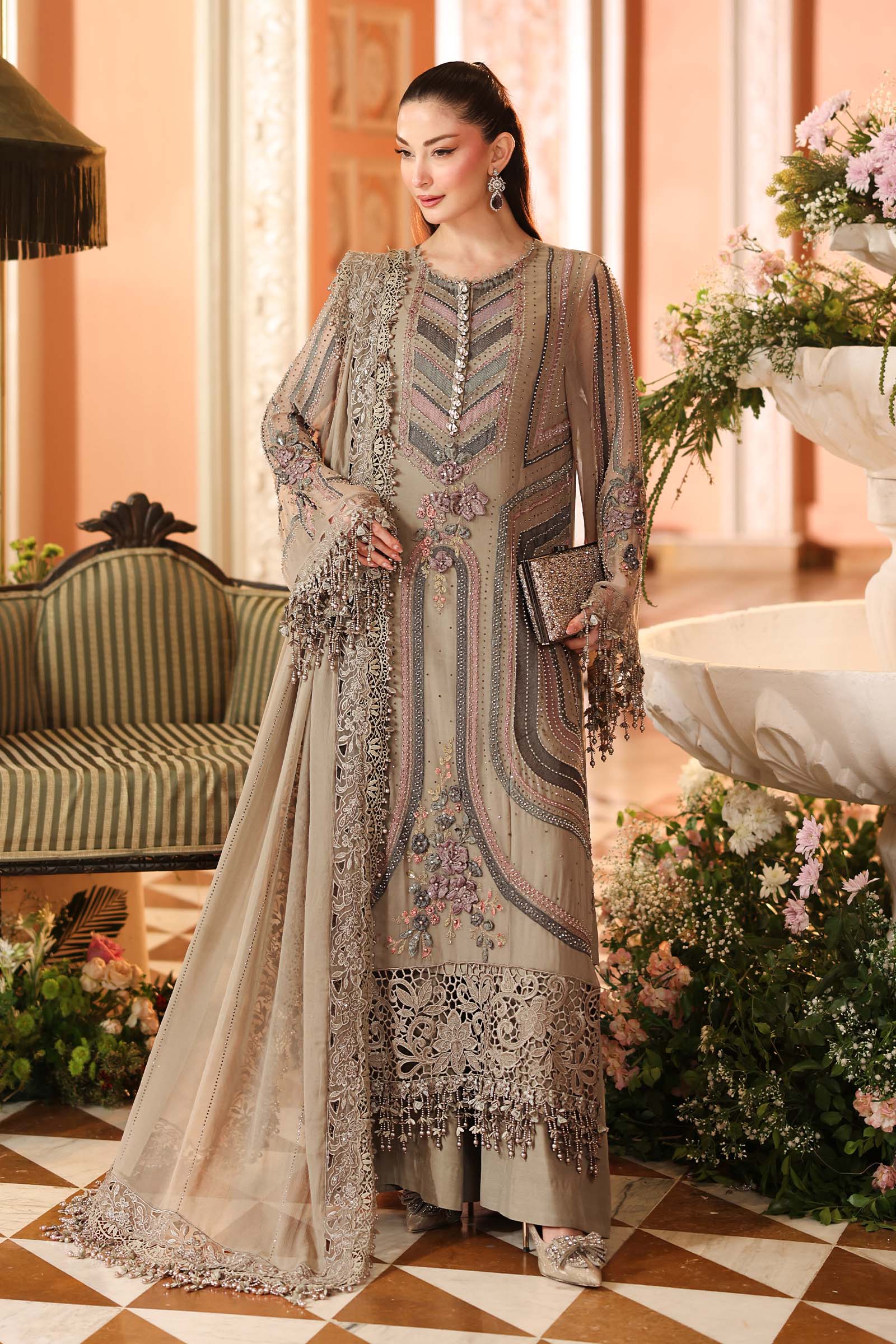 Maria B Chiffon Unstitched  Collection  2026 | MPC-26-201-Antique Grey