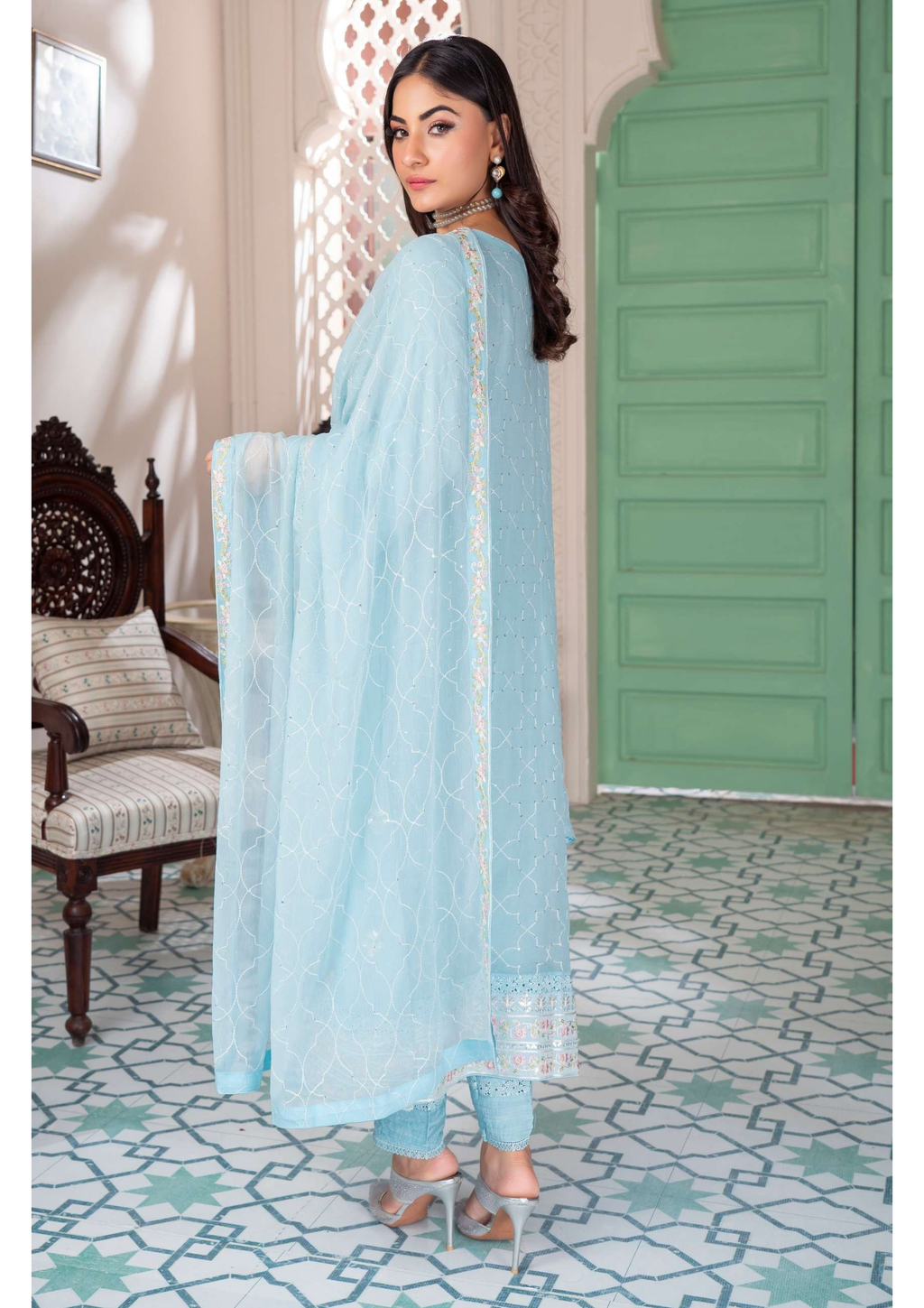 Agha Noor Shehnai Chiffon Ready to Wear Handwork Collection 25 | Sky Blue - Mirha Fashion