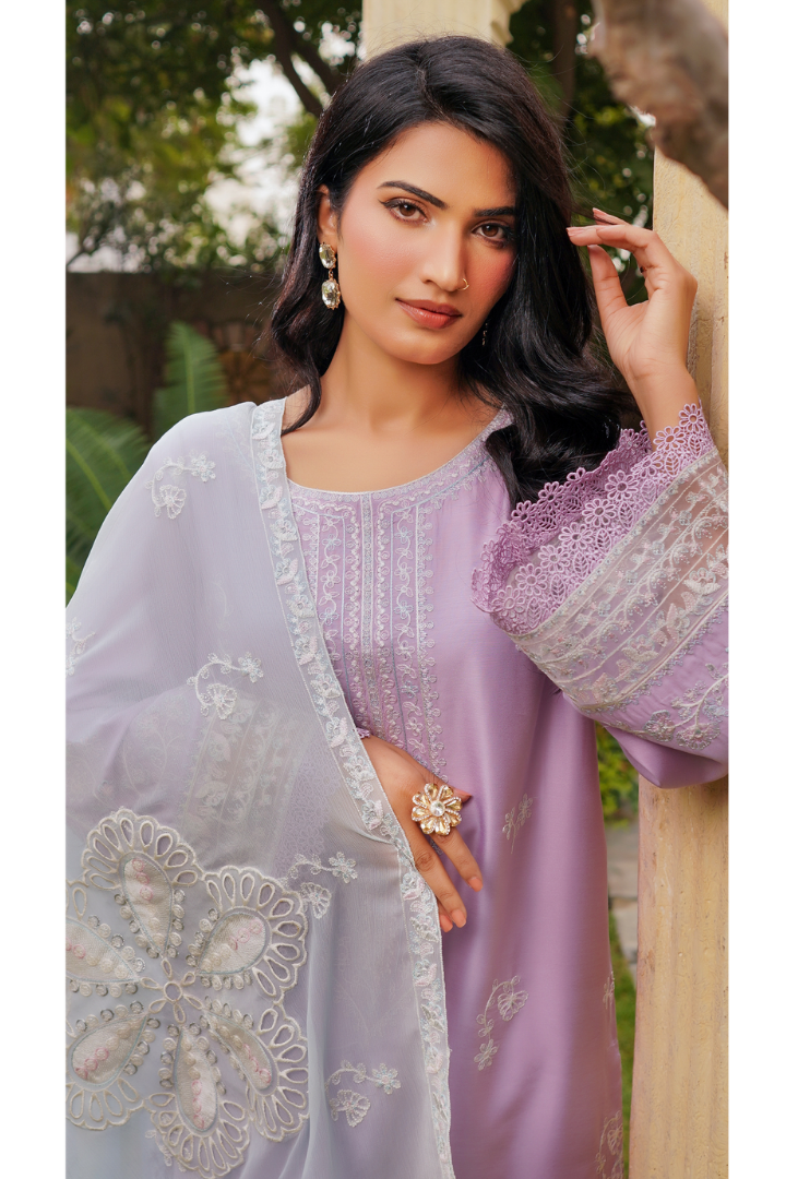 Shaanse Cyra Vol-2 Cotton Silk 3PCS Ready to Wear Collection Jan-26 | Lavender - Mirha Fashion