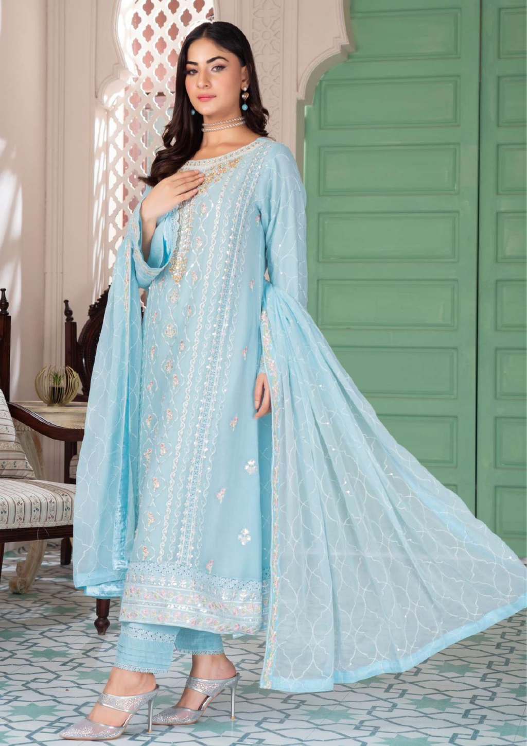 Agha Noor Shehnai Chiffon Ready to Wear Handwork Collection 25 | Sky Blue - Mirha Fashion