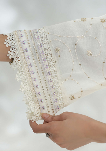 Shanse Silk Embroidered 3PCS Ready-to-Wear Farshi Shalwar | White