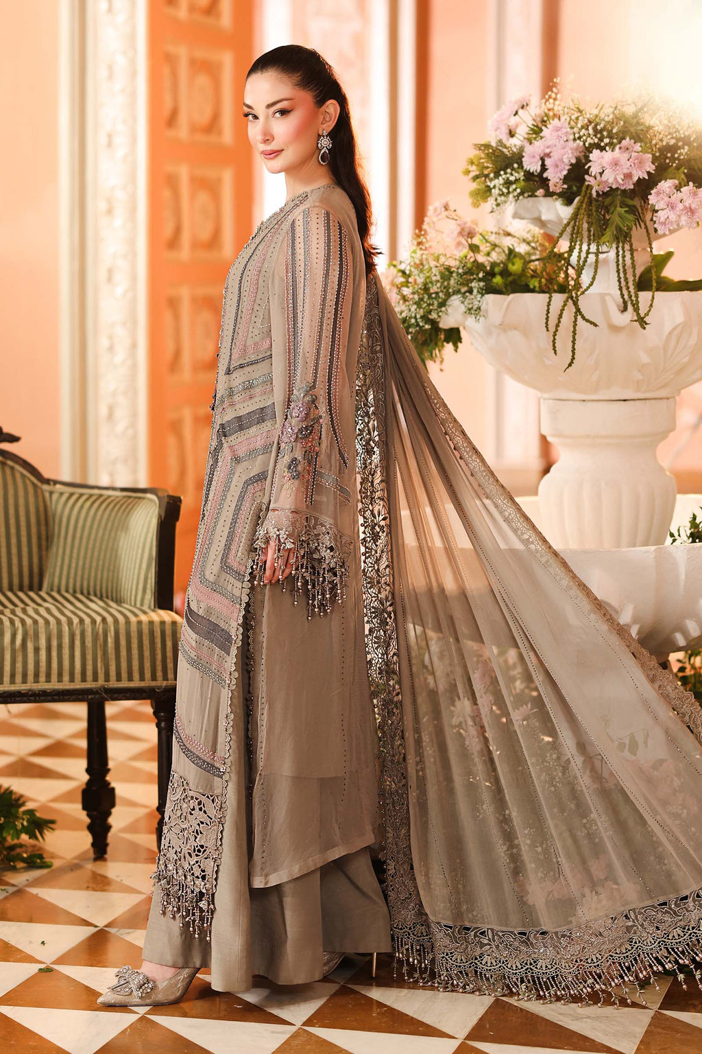 Maria B Chiffon Unstitched  Collection  2026 | MPC-26-201-Antique Grey