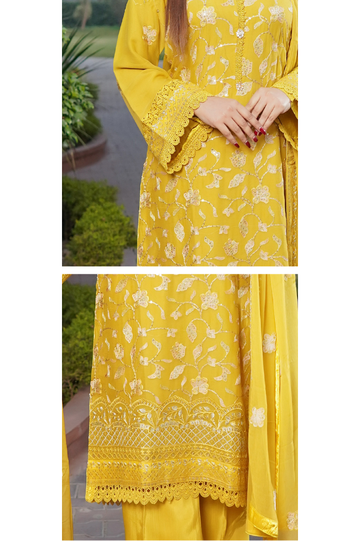 Aghanoor Dhaagakari Chiffon 3PCS Ready to Wear Collection | Yellow - Mirha Fashion