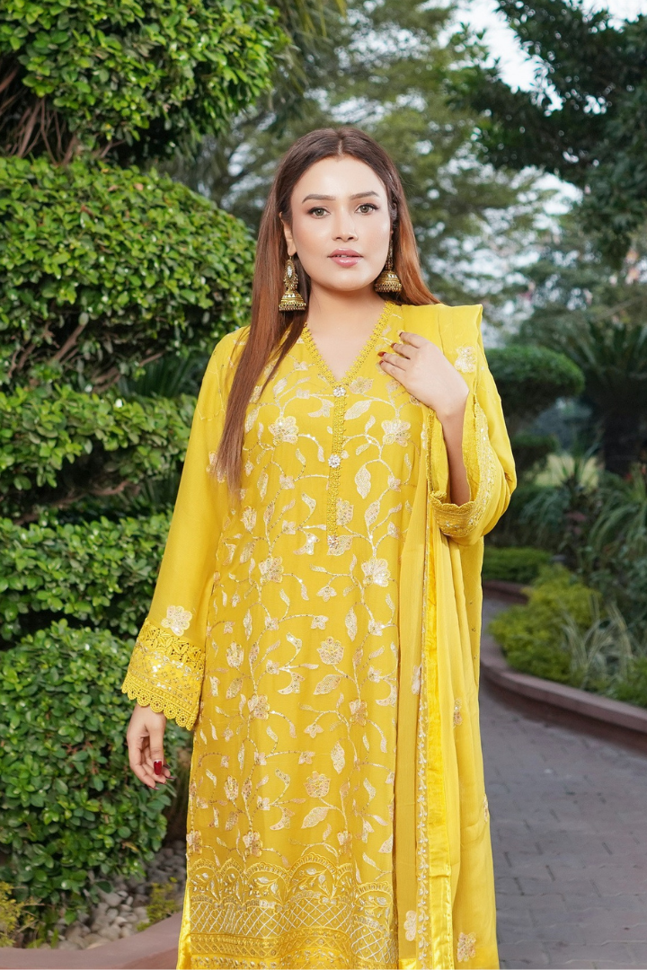 Aghanoor Dhaagakari Chiffon 3PCS Ready to Wear Collection | Yellow - Mirha Fashion