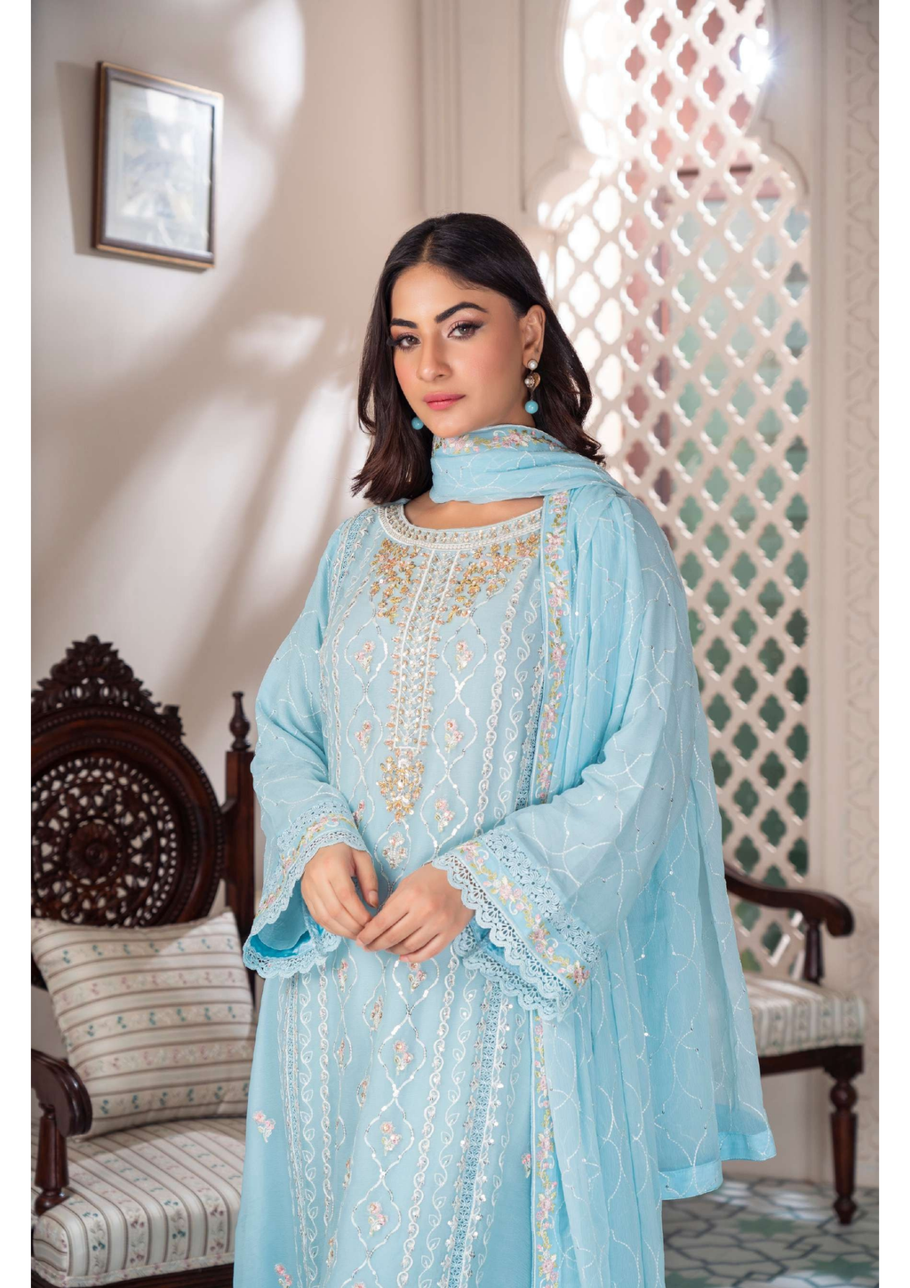 Agha Noor Shehnai Chiffon Ready to Wear Handwork Collection 25 | Sky Blue - Mirha Fashion
