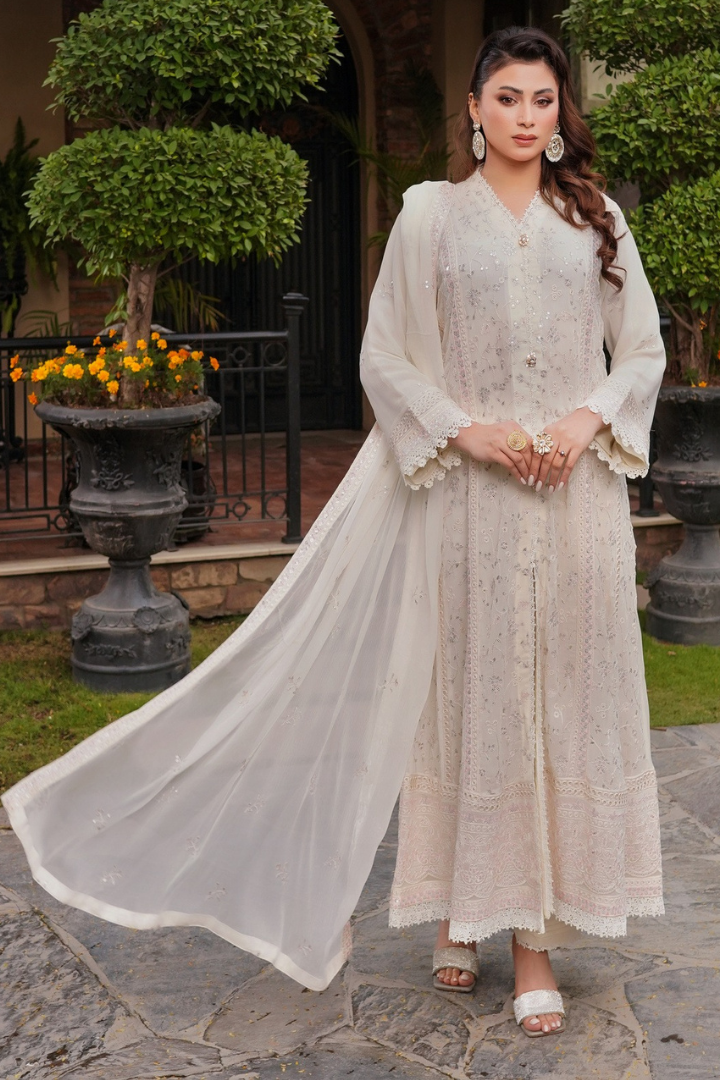 Aghanoor Afsanaay Chiffon Gown 3PCS Ready to Wear Collection | Off White
