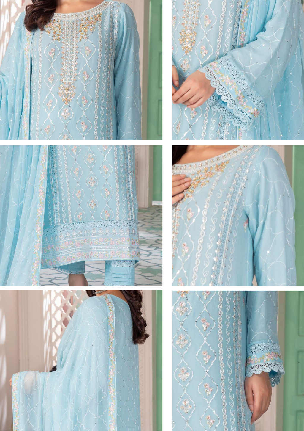 Agha Noor Shehnai Chiffon Ready to Wear Handwork Collection 25 | Sky Blue - Mirha Fashion