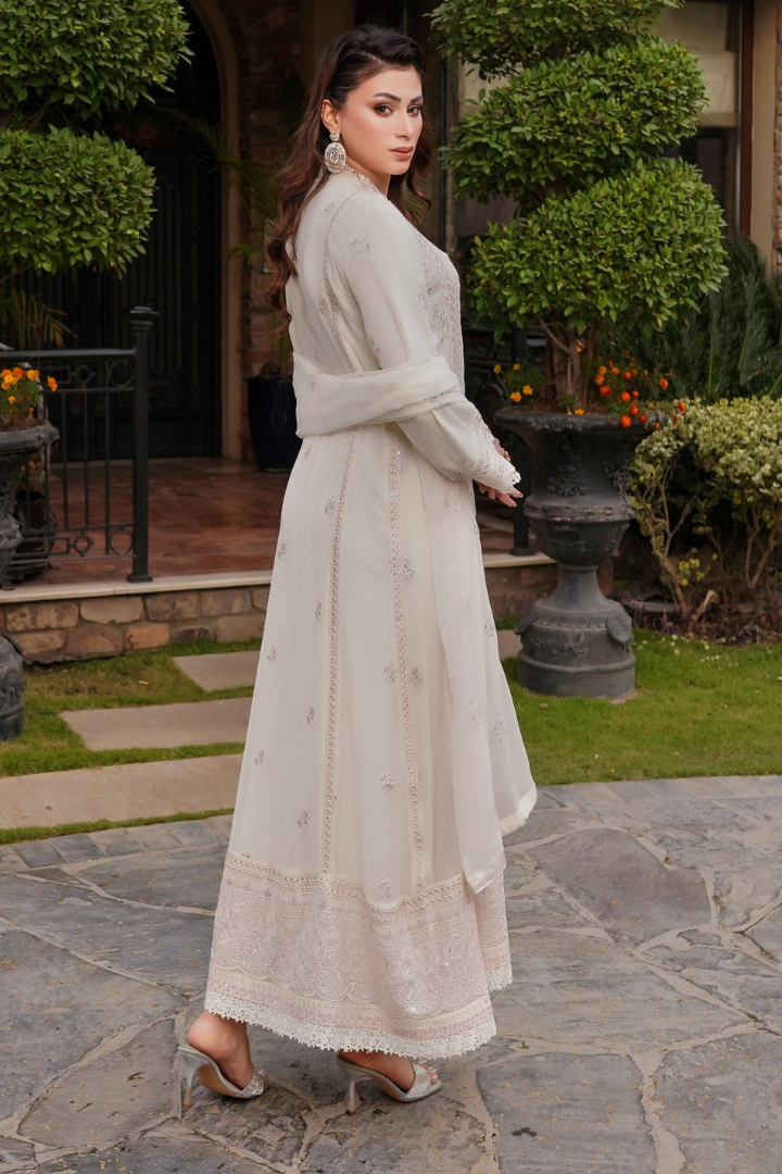 Aghanoor Afsanaay Chiffon Gown 3PCS Ready to Wear Collection | Off White