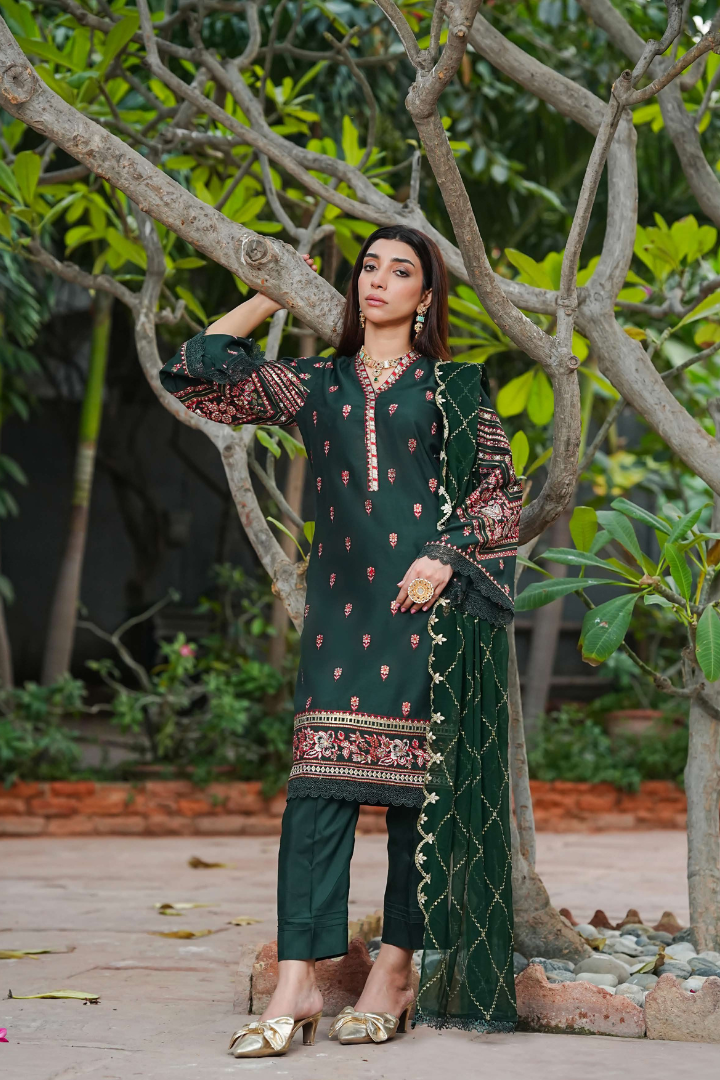 Shaanse Cyra Cotton Silk 3PCS Ready to Wear Collection Dec-2025 | Bottle Green - Mirha Fashion