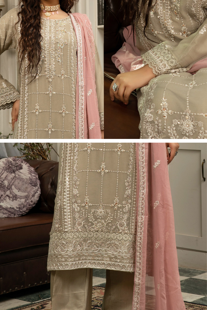 Agha Noor Qurbat Chiffon Handwork Ready to Wear Collection 2026 | Beige - Mirha Fashion