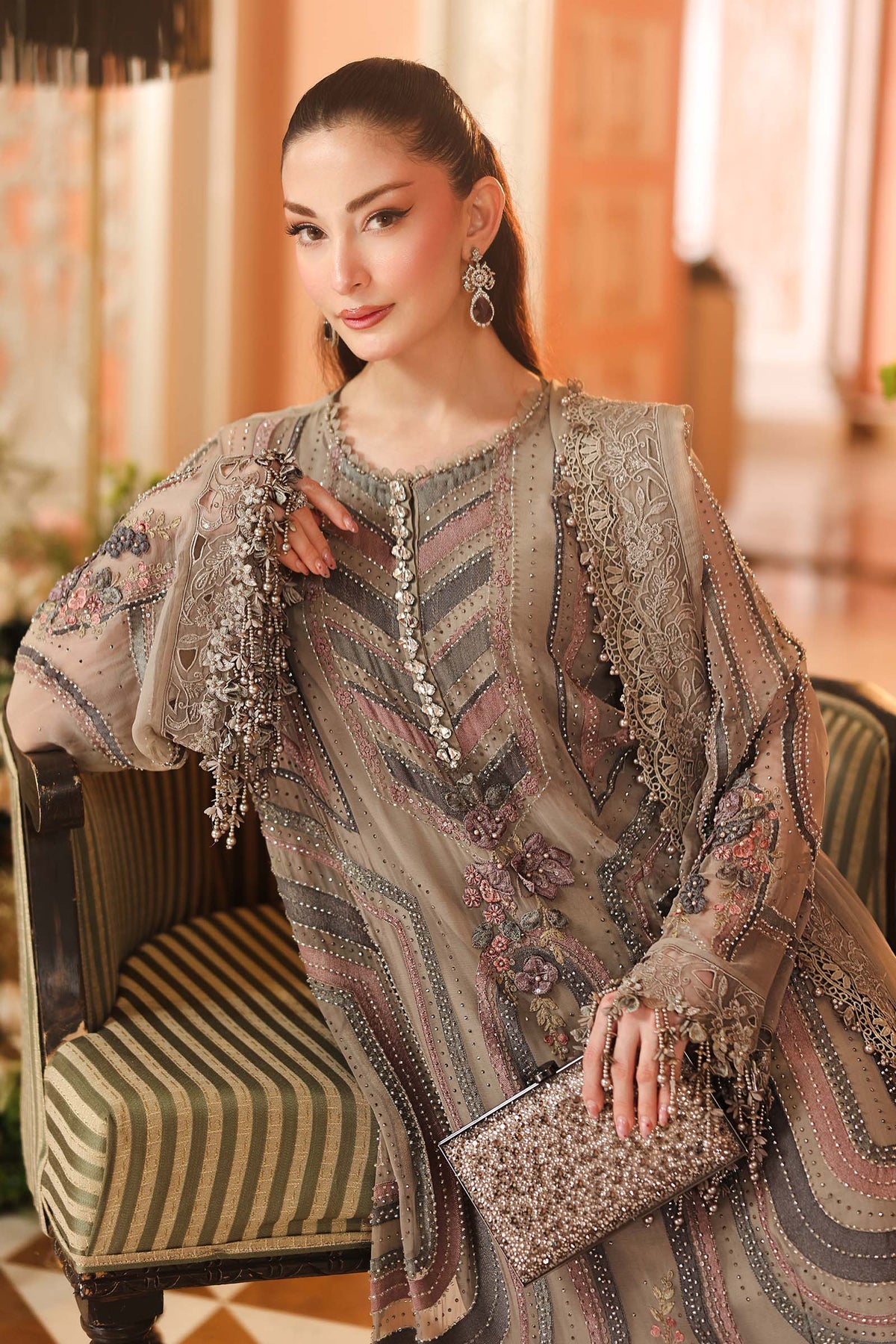 Maria B Chiffon Unstitched  Collection  2026 | MPC-26-201-Antique Grey