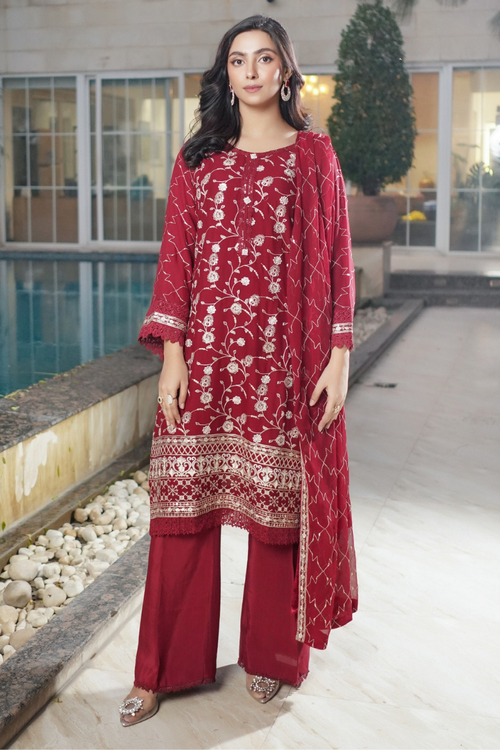 Aghanoor Dhaagakari Chiffon 3PCS Ready to Wear Collection | Red - Mirha Fashion