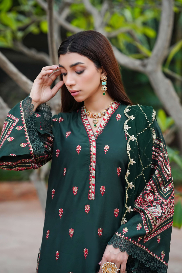 Shaanse Cyra Cotton Silk 3PCS Ready to Wear Collection Dec-2025 | Bottle Green - Mirha Fashion