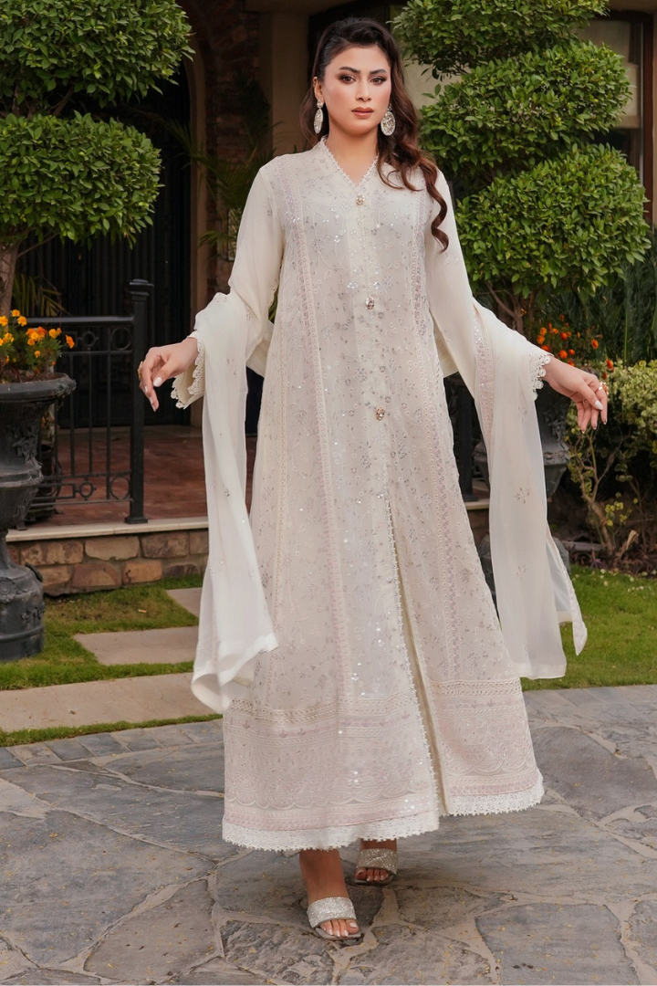 Aghanoor Afsanaay Chiffon Gown 3PCS Ready to Wear Collection | Off White
