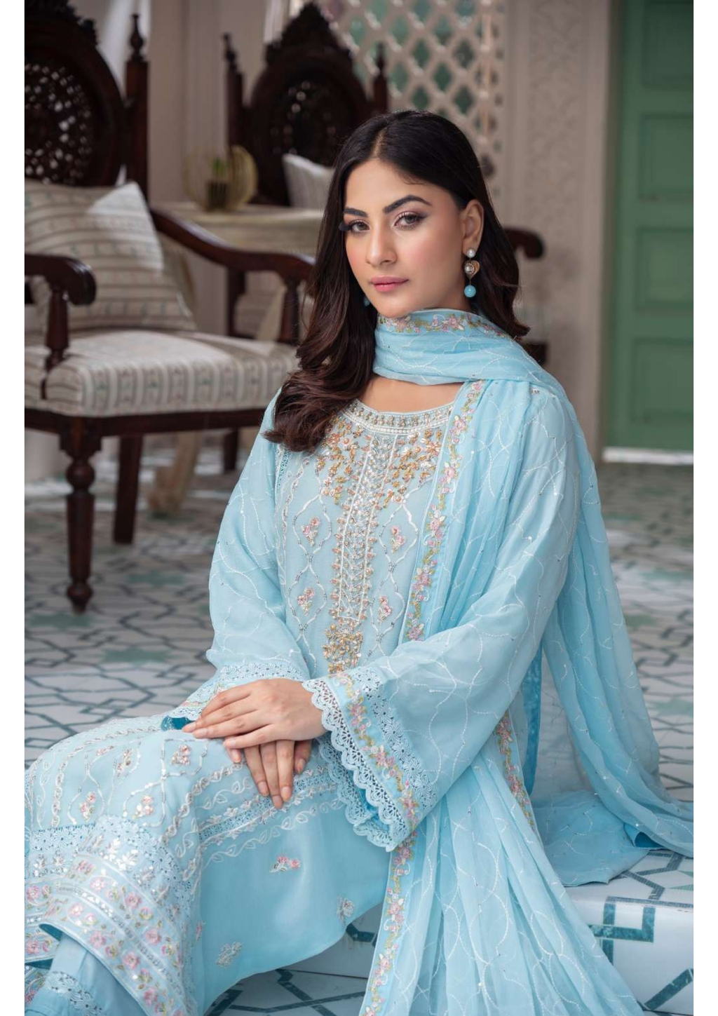 Agha Noor Shehnai Chiffon Ready to Wear Handwork Collection 25 | Sky Blue - Mirha Fashion