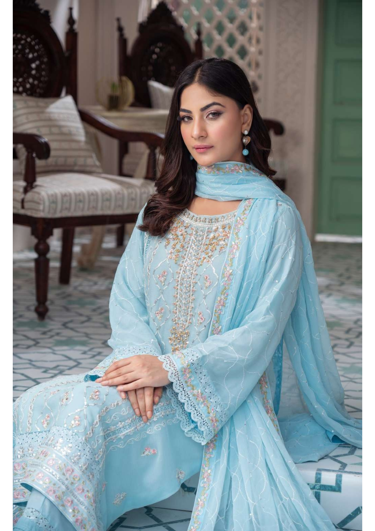 Agha Noor Shehnai Chiffon Ready to Wear Handwork Collection 25 | Sky Blue - Mirha Fashion