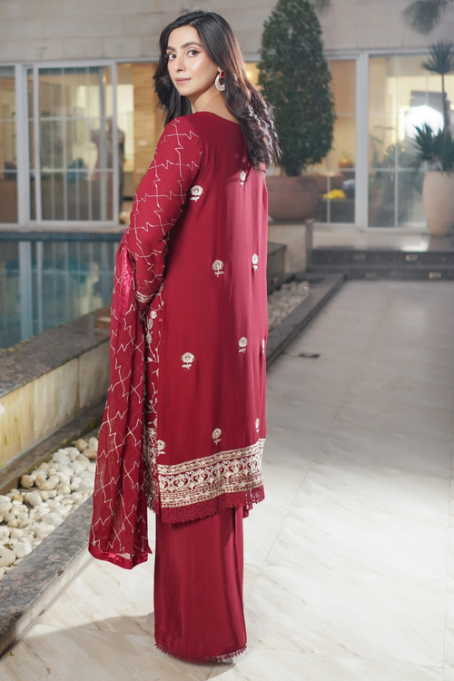 Aghanoor Dhaagakari Chiffon 3PCS Ready to Wear Collection | Red - Mirha Fashion