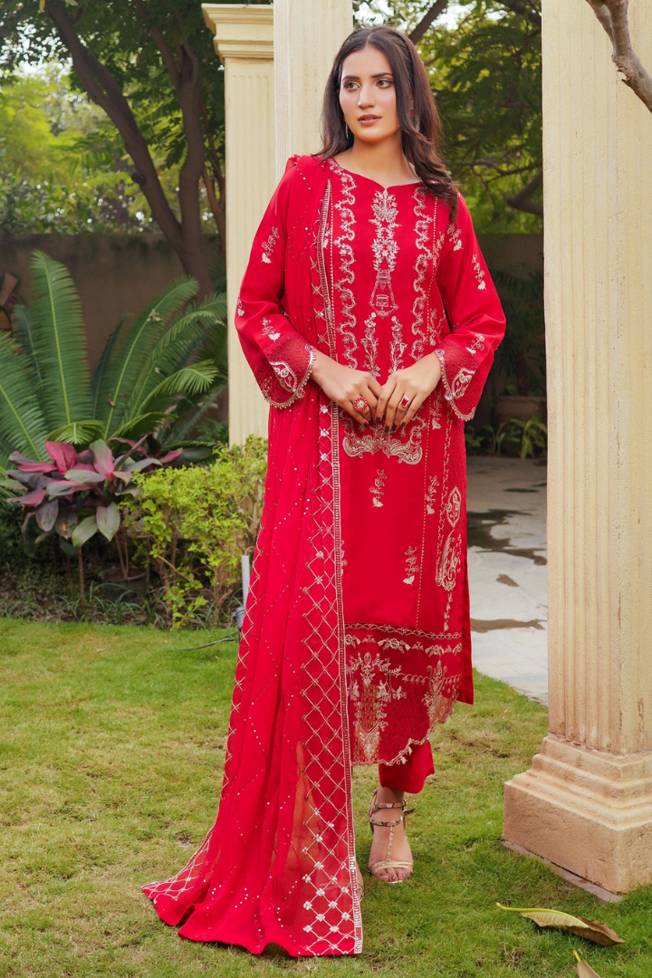 Shaanse Cyra Vol-2 Cotton Silk 3PCS Ready to Wear Collection Jan-26 | Red - Mirha Fashion