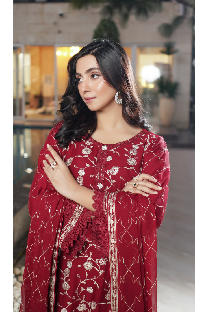 Aghanoor Dhaagakari Chiffon 3PCS Ready to Wear Collection | Red