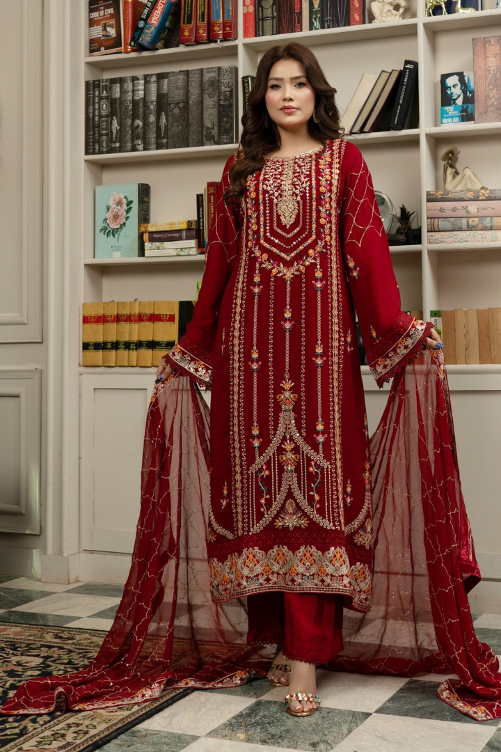 Agha Noor Qurbat Chiffon Handwork Ready to Wear Collection 2026 | Maroon - Mirha Fashion