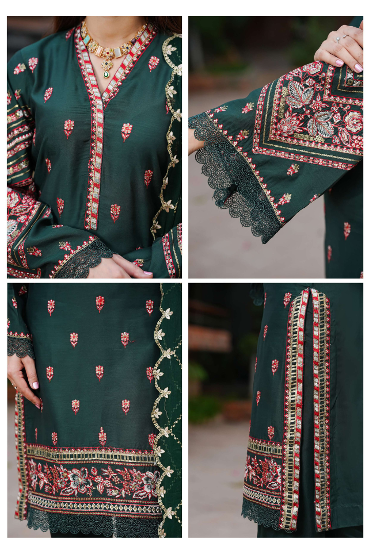 Shaanse Cyra Cotton Silk 3PCS Ready to Wear Collection Dec-2025 | Bottle Green - Mirha Fashion