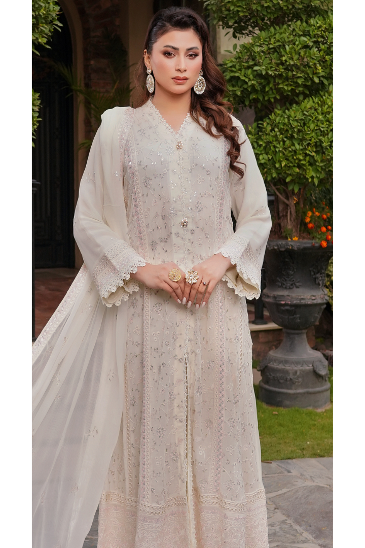 Aghanoor Afsanaay Chiffon Gown 3PCS Ready to Wear Collection | Off White