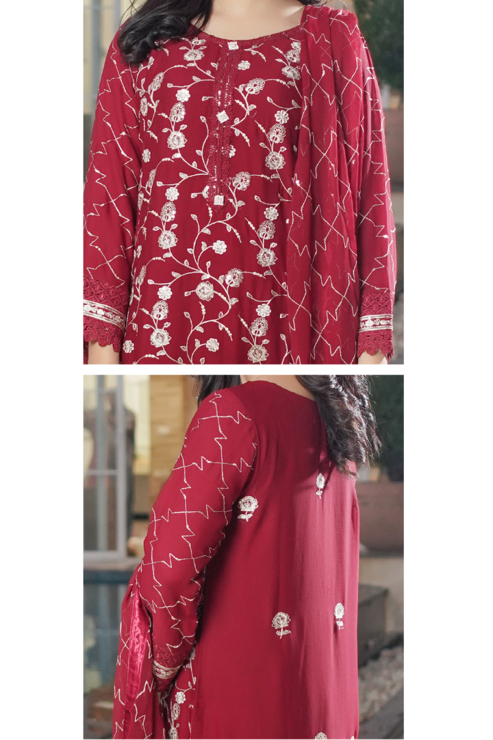 Aghanoor Dhaagakari Chiffon 3PCS Ready to Wear Collection | Red