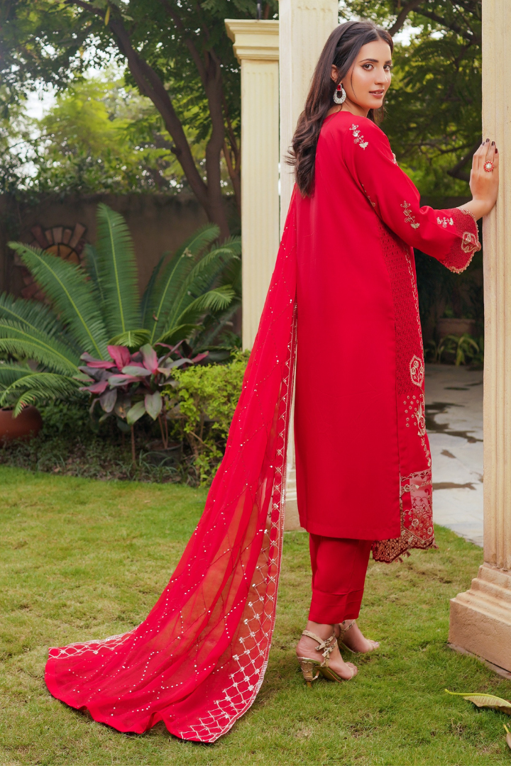 Shaanse Cyra Vol-2 Cotton Silk 3PCS Ready to Wear Collection Jan-26 | Red - Mirha Fashion