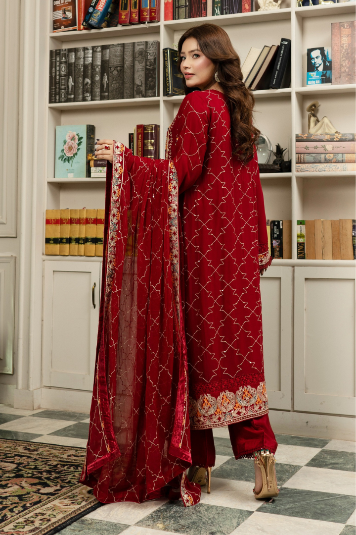 Agha Noor Qurbat Chiffon Handwork Ready to Wear Collection 2026 | Maroon - Mirha Fashion