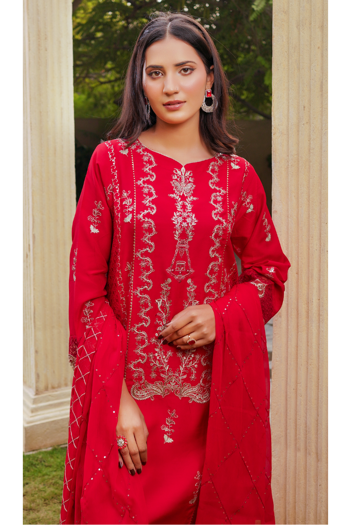 Shaanse Cyra Vol-2 Cotton Silk 3PCS Ready to Wear Collection Jan-26 | Red - Mirha Fashion