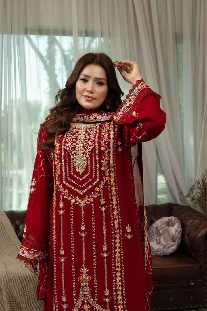 Agha Noor Qurbat Chiffon Handwork Ready to Wear Collection 2026 | Maroon - Mirha Fashion