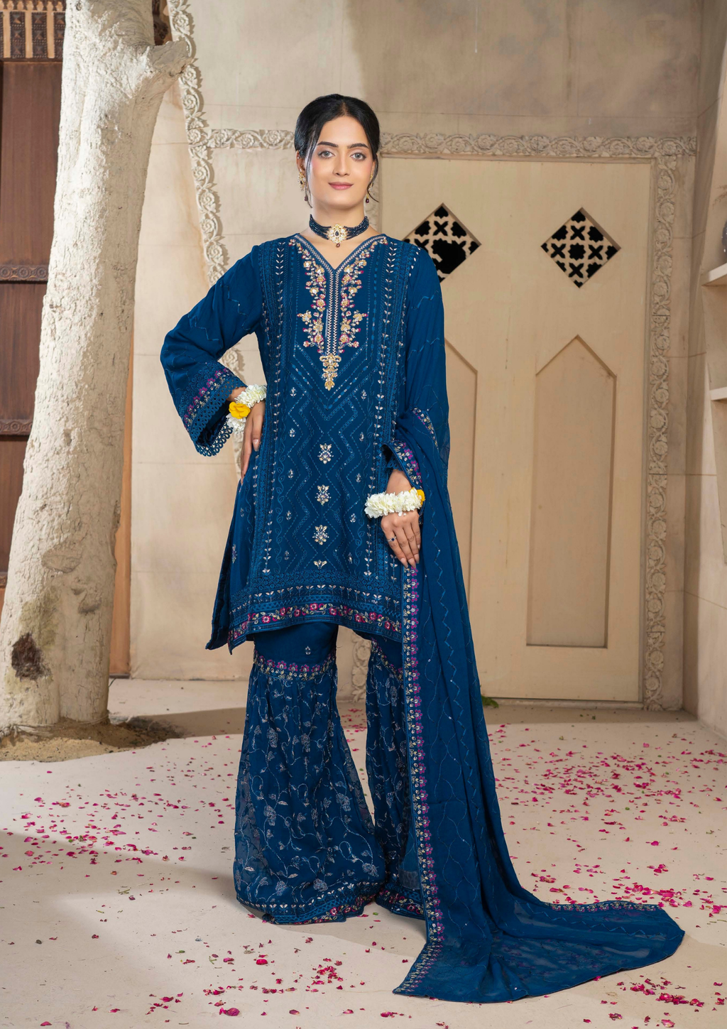 Agha Noor Chiffon Gharara Roshni Ready to Wear Collection 2025 D01 | Blue - Mirha Fashion
