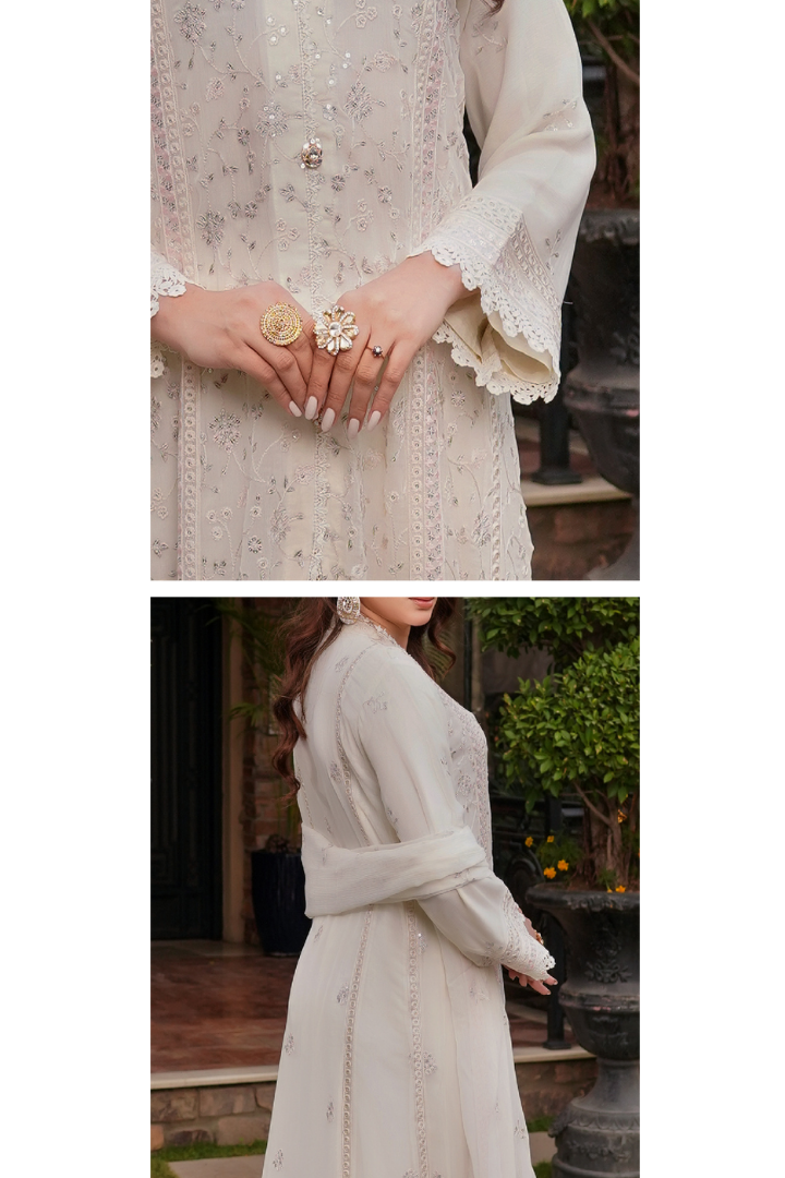 Aghanoor Afsanaay Chiffon Gown 3PCS Ready to Wear Collection | Off White