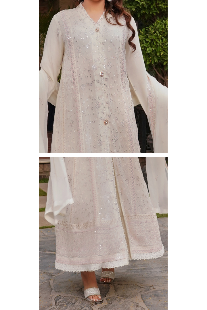 Aghanoor Afsanaay Chiffon Gown 3PCS Ready to Wear Collection | Off White