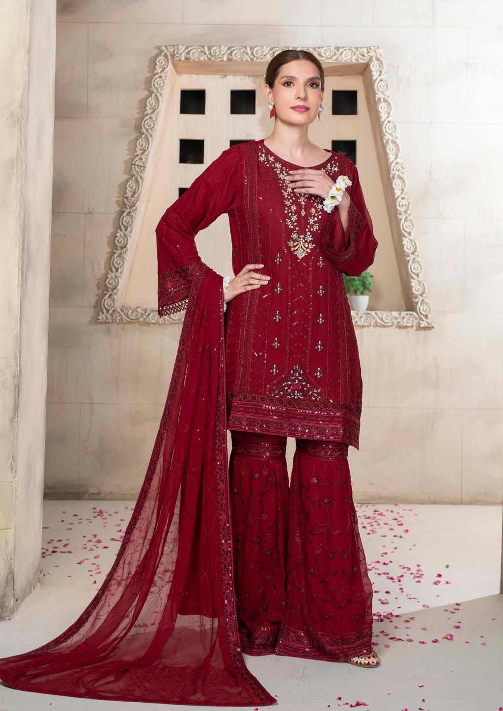 Agha Noor Chiffon Gharara Roshni Ready to Wear Collection 2025 D02 | Red