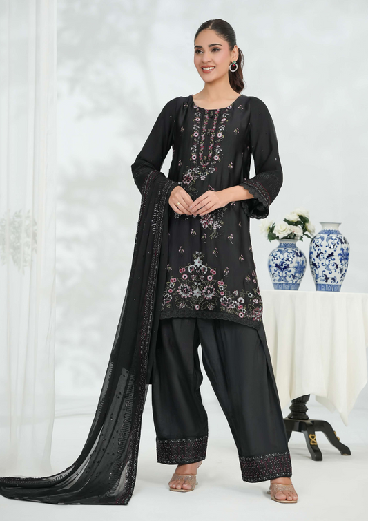 Shanse Silk Embroidered 3PCS Ready-to-Wear Farshi Shalwar | Black