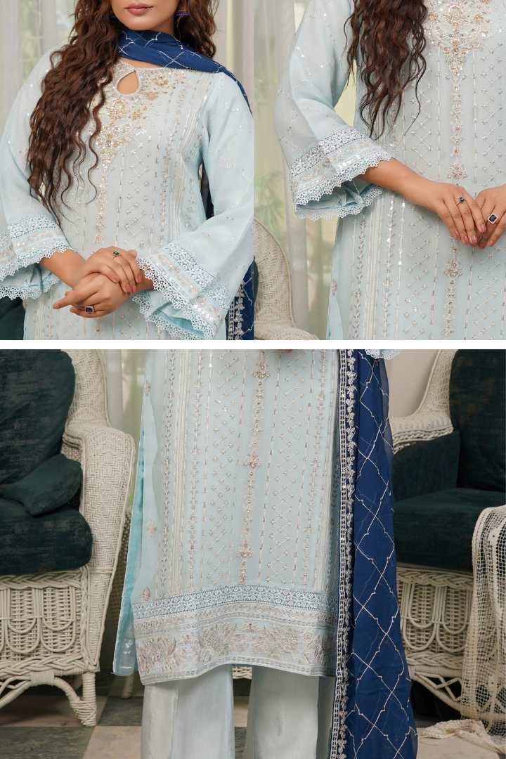 Agha Noor Qurbat Chiffon Handwork Ready to Wear Collection 2026 | Sky blue - Mirha Fashion