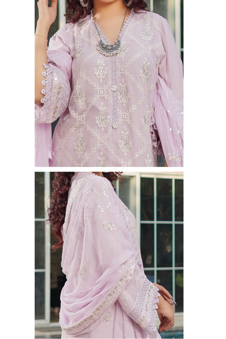 Aghanoor Dhaagakari Chiffon 3PCS Ready to Wear Collection | Lavender