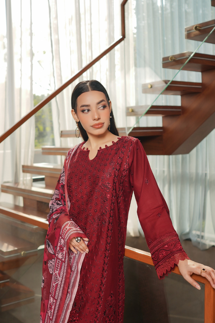 Shaanse Pehlinazar Cotton 3PCS Ready to Wear Collection | Maroon