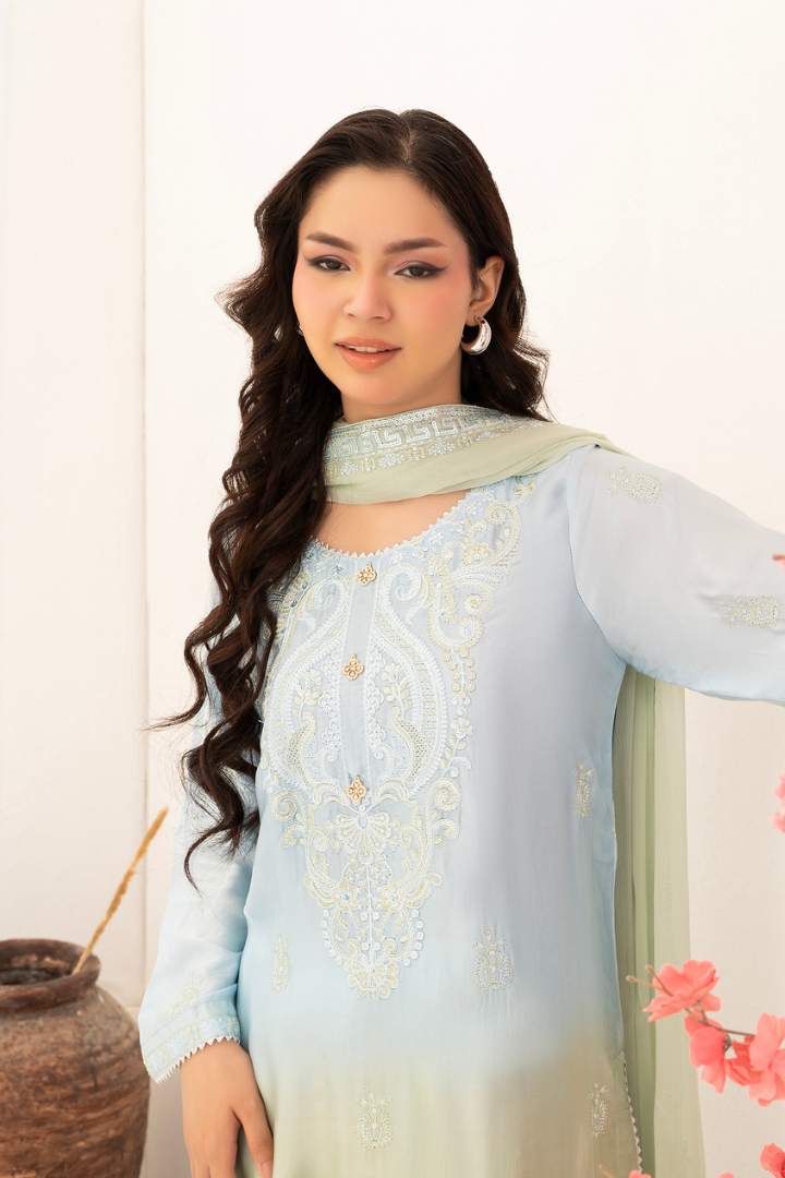 Shaanse Luxury Ombre Silk Ready to Wear Collection 2026 | Sky Blue Green