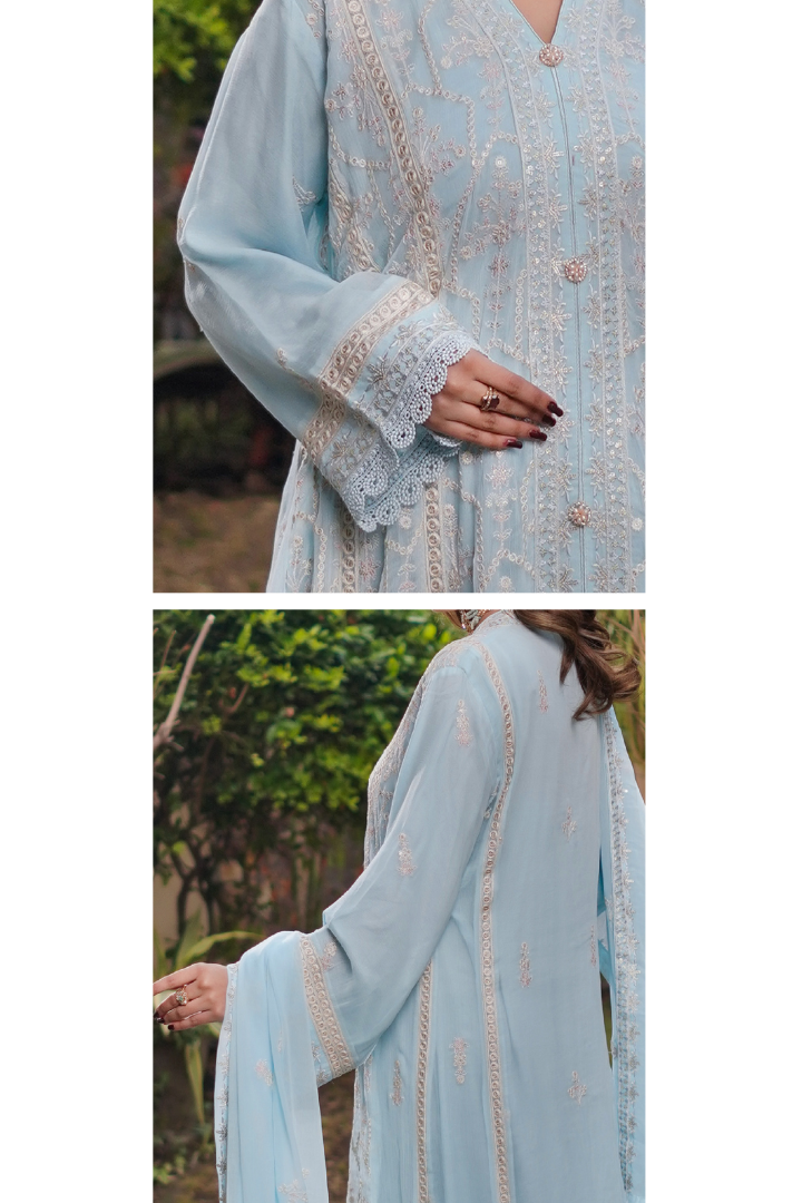 Aghanoor Afsanaay Chiffon Gown 3PCS Ready to Wear Collection | Sky Blue